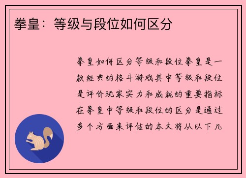 拳皇：等级与段位如何区分